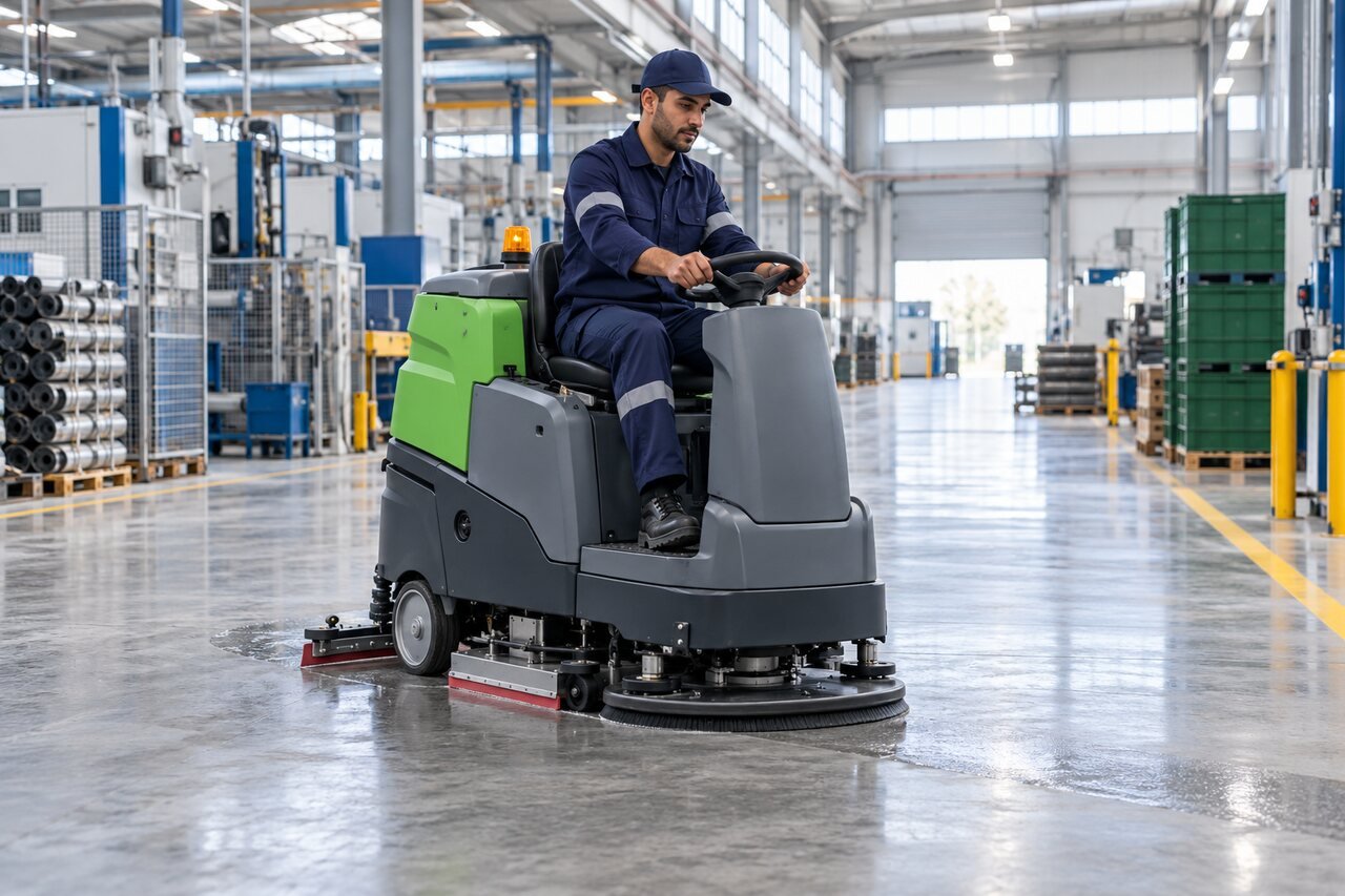 Agent de nettoyage aux commandes d’une autolaveuse dans un site industriel